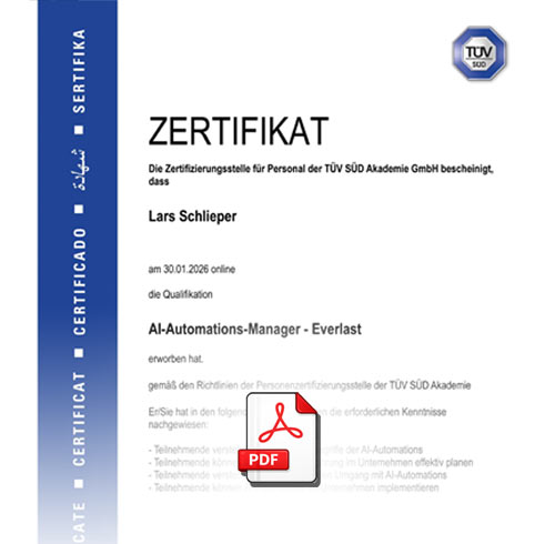 TÜV-Zertifikat AI-Automations-Manager TÜV-Zertifikat AI-Automations-Manager